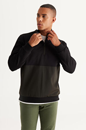 Erkek Siyah-Haki Standart Fit Normal Kesim Bato Yaka Pamuklu Sweatshirt