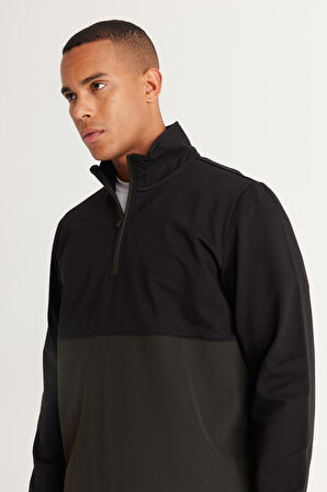 Erkek Siyah-Haki Standart Fit Normal Kesim Bato Yaka Pamuklu Sweatshirt