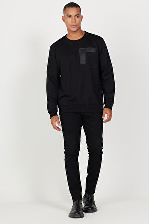 Erkek Siyah Standart Fit Normal Kesim Bisiklet Yaka Pamuklu Sweatshirt