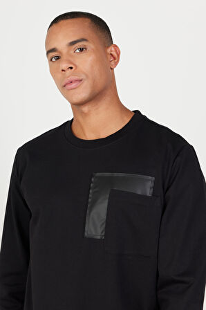 Erkek Siyah Standart Fit Normal Kesim Bisiklet Yaka Pamuklu Sweatshirt