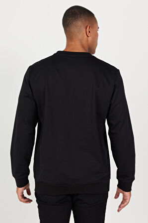 Erkek Siyah Standart Fit Normal Kesim Bisiklet Yaka Pamuklu Sweatshirt