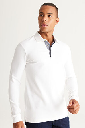 Erkek Beyaz Slim Fit Dar Kesim Polo Yaka Pamuklu Tişört