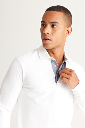 Erkek Beyaz Slim Fit Dar Kesim Polo Yaka Pamuklu Tişört