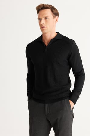 Erkek Siyah Standart Fit Normal Kesim Polo Yaka Yünlü Triko Kazak