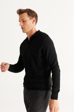 Erkek Siyah Standart Fit Normal Kesim Polo Yaka Yünlü Triko Kazak