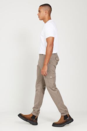 Erkek Bej Slim Fit Dar Kesim Kargo Cepli Pamuklu Esnek Pantolon