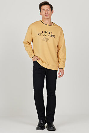 Erkek Hardal Oversize Bol Kesim Içi Polarlı 3 Iplik Bisiklet Yaka Pamuklu Sweatshirt