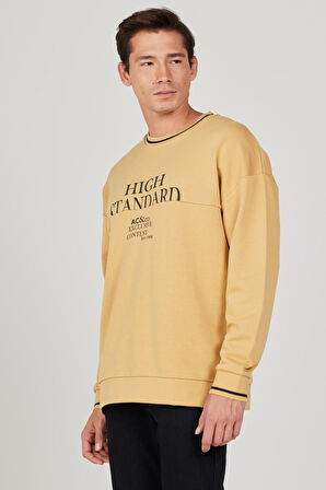 Erkek Hardal Oversize Bol Kesim Içi Polarlı 3 Iplik Bisiklet Yaka Pamuklu Sweatshirt