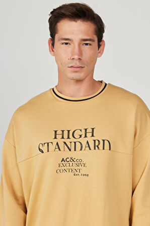 Erkek Hardal Oversize Bol Kesim Içi Polarlı 3 Iplik Bisiklet Yaka Pamuklu Sweatshirt