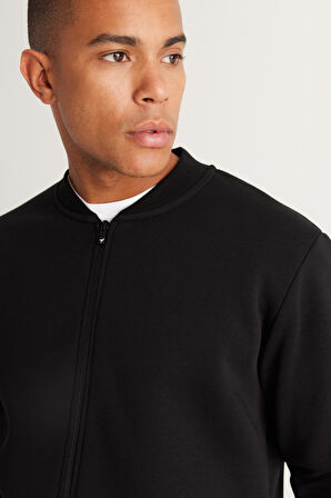 Erkek Siyah Standart Fit Normal Kesim Içi Polarlı 3 Iplik Kolej Yaka Pamuklu Sweatshirt Ceket