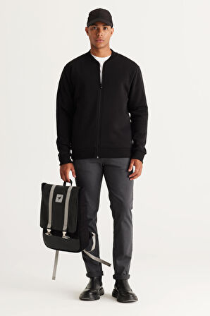 Erkek Siyah Standart Fit Normal Kesim Içi Polarlı 3 Iplik Kolej Yaka Pamuklu Sweatshirt Ceket
