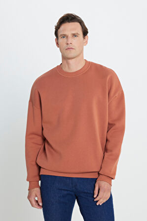 Erkek Açık Kahve Oversize Fit Bol Kesim Pamuklu Içi Polarlı 3 Iplik Bisiklet Yaka Sweatshirt