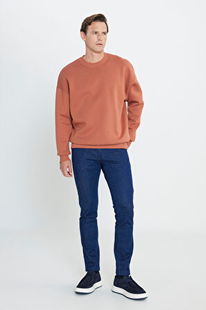 Erkek Açık Kahve Oversize Fit Bol Kesim Pamuklu Içi Polarlı 3 Iplik Bisiklet Yaka Sweatshirt