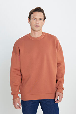 Erkek Açık Kahve Oversize Fit Bol Kesim Pamuklu Içi Polarlı 3 Iplik Bisiklet Yaka Sweatshirt