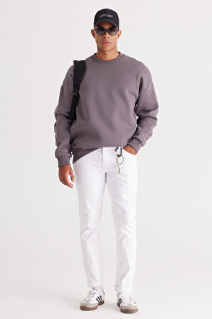 Erkek Koyu Gri Oversize Fit Bol Kesim Pamuklu Içi Polarlı 3 Iplik Bisiklet Yaka Sweatshirt
