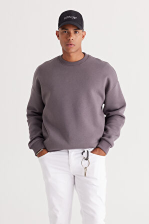 Erkek Koyu Gri Oversize Fit Bol Kesim Pamuklu Içi Polarlı 3 Iplik Bisiklet Yaka Sweatshirt