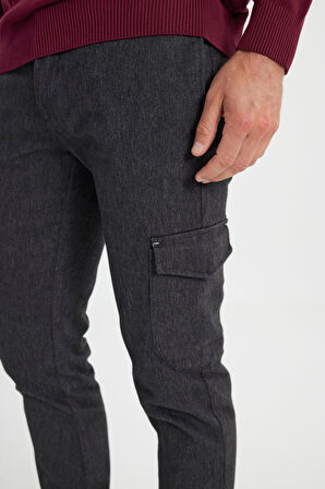 Slim Fit Dar Kesim Diyagonal Desenli Kargo Cepli Esnek Pantolon
