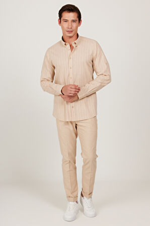 Slim Fit Dar Kesim %100 Pamuk Düğmeli Yaka Çizgili Gömlek