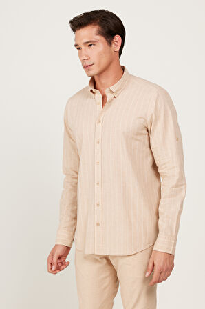 Slim Fit Dar Kesim %100 Pamuk Düğmeli Yaka Çizgili Gömlek