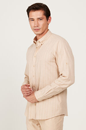 Slim Fit Dar Kesim %100 Pamuk Düğmeli Yaka Çizgili Gömlek