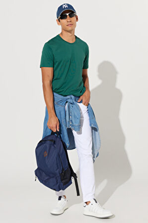 Erkek Koyu Yeşil Slim Fit Dar Kesim %100 Pamuk Bisiklet Yaka Kısa Kollu Tişört