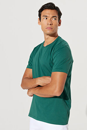 Erkek Koyu Yeşil Slim Fit Dar Kesim %100 Pamuk Bisiklet Yaka Kısa Kollu Tişört
