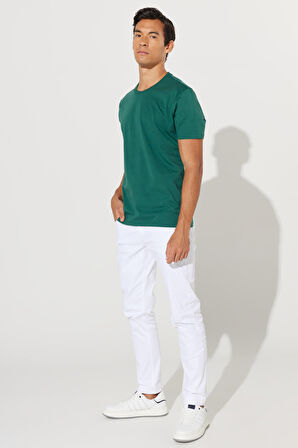 Erkek Koyu Yeşil Slim Fit Dar Kesim %100 Pamuk Bisiklet Yaka Kısa Kollu Tişört