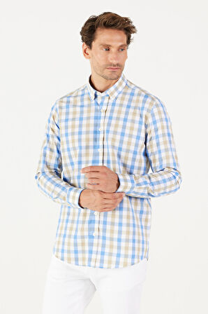 Erkek Bej-Mavi Slim Fit Dar Kesim Düğmeli Yaka Pamuklu Kareli Gömlek