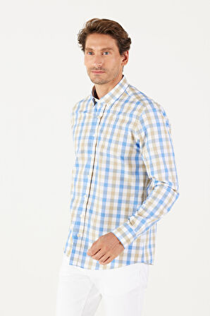 Erkek Bej-Mavi Slim Fit Dar Kesim Düğmeli Yaka Pamuklu Kareli Gömlek