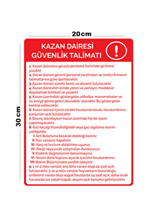 Metal Kazan Dairesi Güvenlik Talimatı 20cm x 30cm A4 Büyüklüğünde Uyarı Levhası Yönlendirme Tabelası