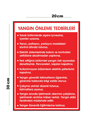 Metal Yangın Önleme Tedbirleri 20cm x 30cm A4 Büyüklüğünde Uyarı Levhası Yönlendirme Tabelası