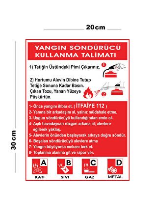Metal Yangın Söndürücü Kullanma Talimatı 20cm x 30cm A4 Büyüklüğünde Uyarı Levhası Yönlendirme