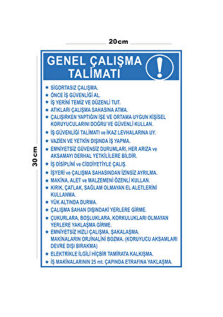 Metal Genel Çalışma Talimatı 20cm x 30cm A4 Büyüklüğünde Uyarı Levhası Yönlendirme Tabelası
