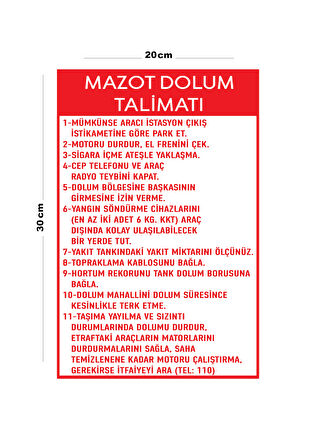Metal Mazot Dolum Talimatı 20cm x 30cm A4 Büyüklüğünde Uyarı Levhası Yönlendirme Tabelası