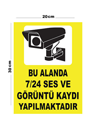 Metal Bu Alanda 7 24 Ses Ve Görüntü Kaydı 20cm x 30cm A4 Büyüklüğünde Uyarı Levhası Yönlendirme