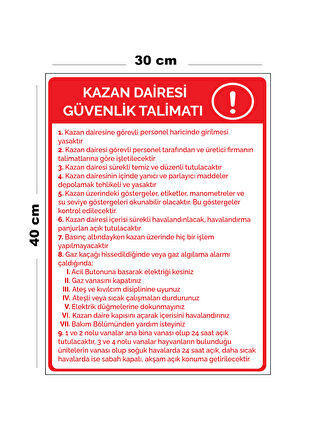 Metal Kazan Dairesi Güvenlik Talimatı 30 cm x 40 cm A3 Büyüklüğünde Uyarı Levhası Yönlendirme Tabela