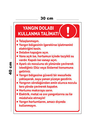 Metal Yangın Dolabı Kullanma Talimatı 30 cm x 40 cm A3 Büyüklüğünde Uyarı Levhası Yönlendirme Tabela