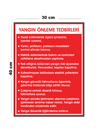 Metal Yangın Önleme Tedbirleri 30 cm x 40 cm A3 Büyüklüğünde Uyarı Levhası Yönlendirme Tabelası
