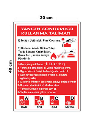 Metal Yangın Söndürücü Kullanma Talimatı 30 cm x 40 cm A3 Büyüklüğünde Uyarı Levhası Yönlendirme