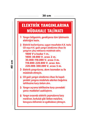 Metal Elektrik Yangınlarına Müdahale Talimatı 30 cm x 40 cm A3 Büyüklüğünde Uyarı Levhası Yönlendir