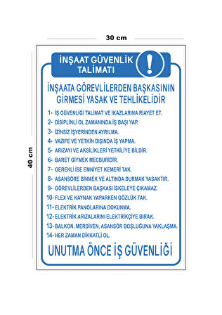 Metal İnşaat Güvenlik Talimatı 30 cm x 40 cm A3 Büyüklüğünde Uyarı Levhası Yönlendirme Tabelası