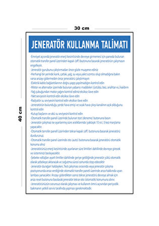 Metal Jeneratör Kullanma Talimatı 30 cm x 40 cm A3 Büyüklüğünde Uyarı Levhası Yönlendirme Tabelası