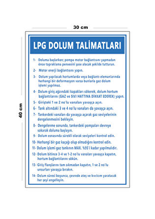 Metal LPG Dolum Talimatları 30 cm x 40 cm A3 Büyüklüğünde Uyarı Levhası Yönlendirme Tabelası