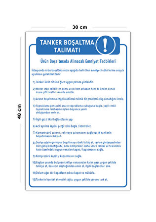 Metal Tanker Boşaltma Talimatı 30 cm x 40 cm A3 Büyüklüğünde Uyarı Levhası Yönlendirme Tabelası