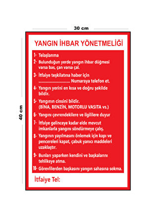 Metal Yangın İhbar Yönetmenliği 30 cm x 40 cm A3 Büyüklüğünde Uyarı Levhası Yönlendirme Tabelası