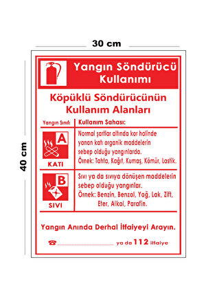 Metal Yangın Söndürücü Kullanımı 30 cm x 40 cm A3 Büyüklüğünde Uyarı Levhası Yönlendirme Tabelası