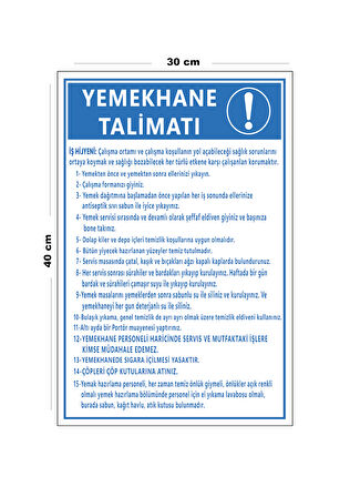 Metal Yemekhane Talimatı 30 cm x 40 cm A3 Büyüklüğünde Uyarı Levhası Yönlendirme Tabelası