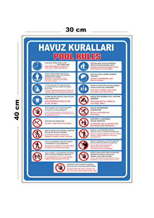 Metal Havuz Kuralları 30cm x 40cm A3 Büyüklüğünde Uyarı Levhası Yönlendirme Tabelası