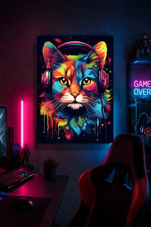 Gaming Kulaklıklı Kedi Metal Duvar Tablosu Gamer Oda Dekoru Renkli Tasarım 15x20 cm A5 Boyutunda