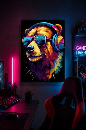 Kulaklıklı Ayı Metal Duvar Tablosu Pop Art Gamer Oyun Odası Dekoru 15x20 cm A5 Boyutunda